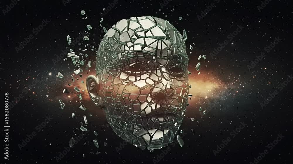 Fragmented human face in cosmic explosion background