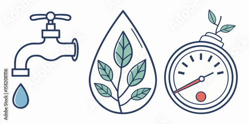 Water conservation symbols including a faucet water drop with leaves and a gauge isolated on white background