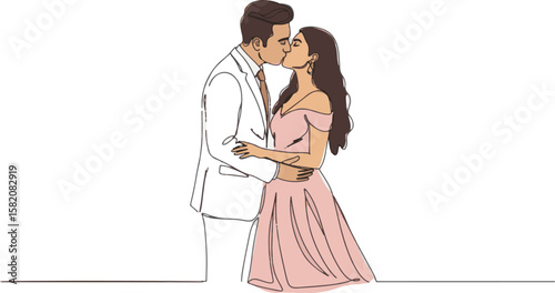 Couple kissing in elegant attire on white background  