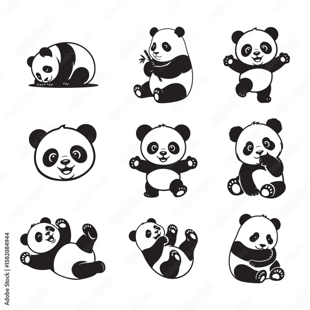 Obraz premium panda silhouettes, panda silhouette, panda silhouette set, Cute Panda Silhouette Wild Animal Illustration Design Vector Collection,