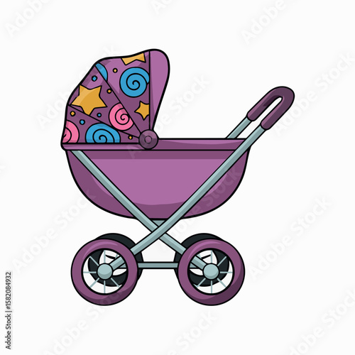Illustration of baby stroller pram for newborn infant child transport with stars and swirls design vector