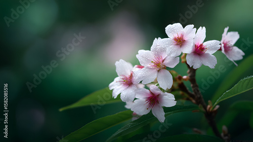 Cherry Blossom Elegance: Delicate cherry blossoms in full bloom showcase their ethereal beauty against a softly blurred green backdrop, creating a scene of springtime enchantment and natural grace.