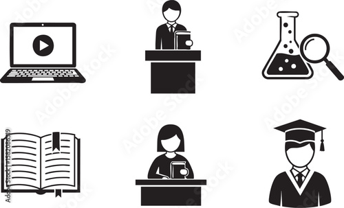 Set of six black and white icons representing education and learning concepts including online learning science research and academic achievement