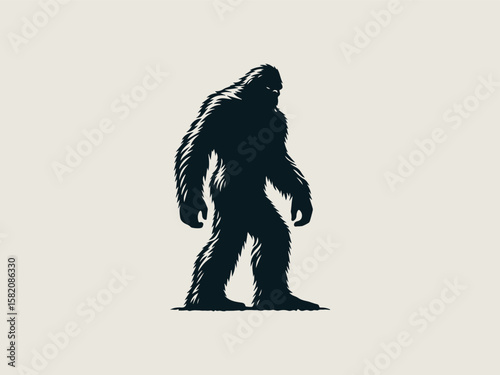Minimalist Sasquatch silhouette vector logo for outdoor adventure brands or hiking clubs