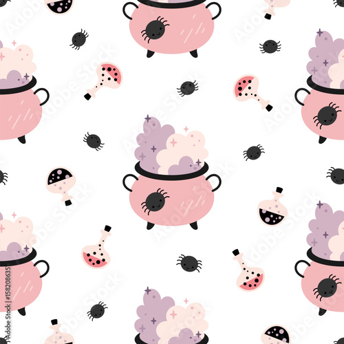 Pink Halloween seamless pattern with witch potion cauldron and spiders. Creepy background.