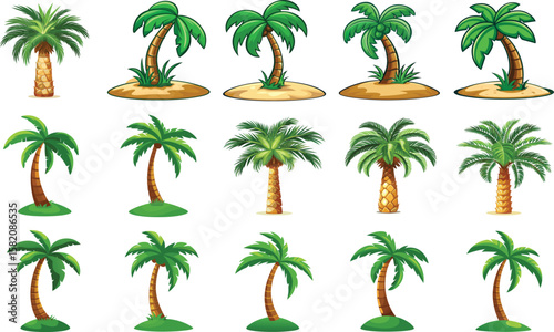 Collection of cartoon palm trees in various styles and settings