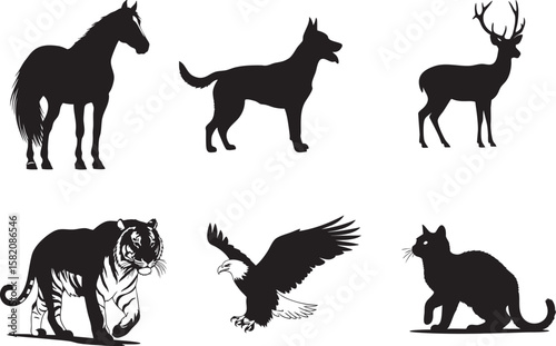 Collection of six distinct animal silhouettes including a horse dog deer tiger eagle and cat against a white background