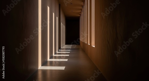 Minimalist hallway with dramatic light and shadow