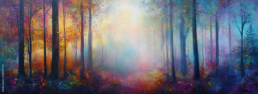 Naklejka premium Enchanted Misty Forest Bathed in Morning Light,Lush Vibrant Forest Scene with Soft Morning Mist