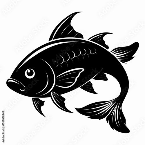 A sleek black vector silhouette of a carp graces a crisp white backdrop, showcasing its graceful form and swimming motion in minimalist style.