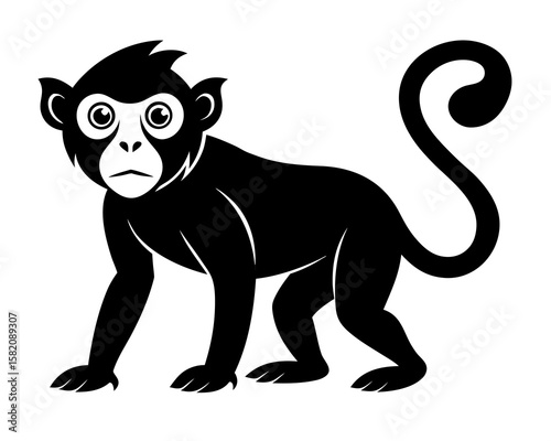 A sleek vector art silhouette presents a black monkey against a clean white backdrop, perfect for designs requiring animal or primate imagery.