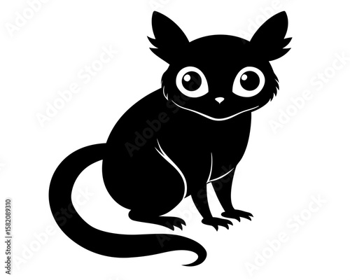A black vector silhouette showcases the unique form of a tarsier against a clean white background, perfect for wildlife and design projects.