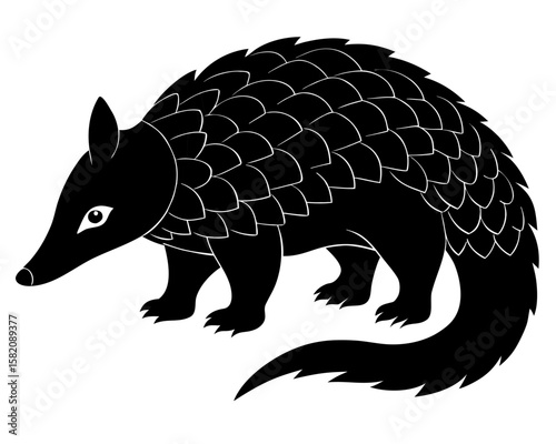 A striking black silhouette of a pangolin against a clean white background showcases this unique animal in a minimalist vector design.