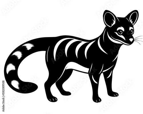 A simple vector silhouette features a genet against a clean white backdrop, perfect for design projects needing an animal graphic.