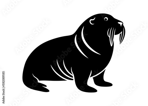 A striking black vector silhouette of a walrus is isolated against a clean white background, ideal for graphic design and wildlife projects.