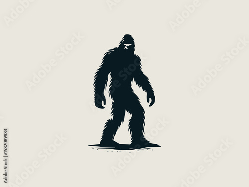 Minimalist Sasquatch silhouette vector logo for outdoor adventure brands or hiking clubs