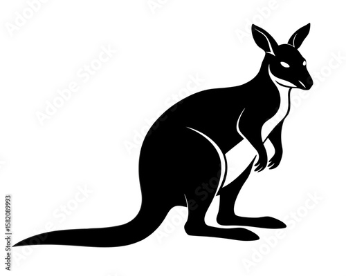 A sleek vector silhouette presents a black wallaby, perfect for designs needing Australian wildlife representation and minimalist animal art.