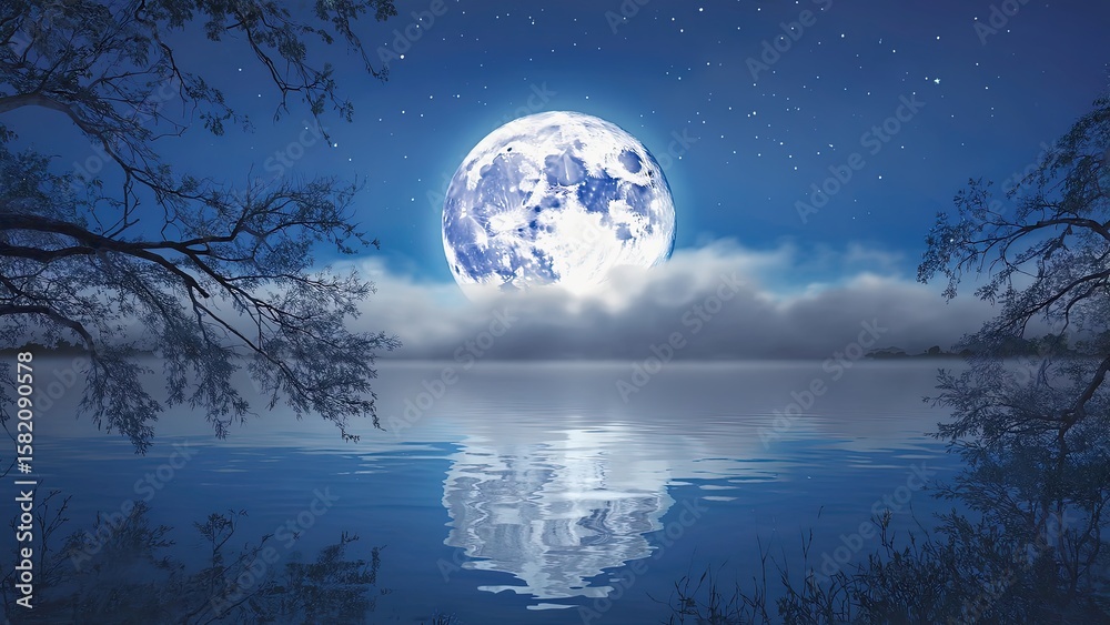 Fototapeta premium Moonlight reflects on calm water surrounded by dark trees at midnight