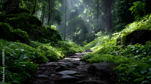Pathway in the Woods: A sunlit forest trail meanders through lush green vegetation, inviting exploration, creating a serene and tranquil scene.