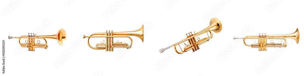 Fototapeta premium Golden Trumpet Collection: Brass Instruments Isolated on White