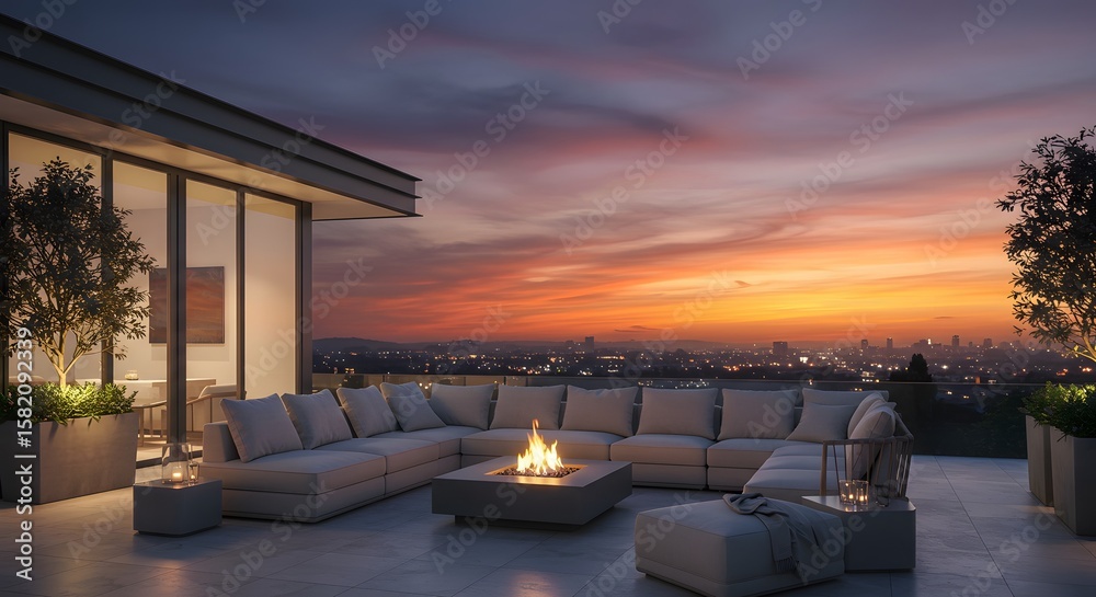 Fototapeta premium Luxury Rooftop Terrace at Sunset with Fire Pit and City View