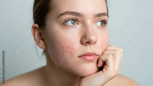 Closeup portrait of a young woman with acne on her face, looking thoughtful and concerned about her skin