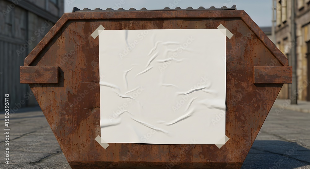 Fototapeta premium White Poster on Rusty Metal Dumpster