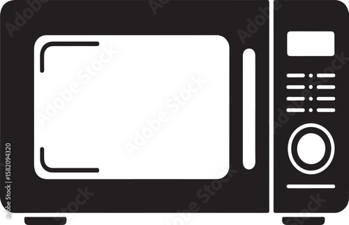 Modern black microwave oven icon with digital display and control knob
