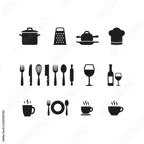 Kitchen Utensils and Cookware Icon Set, Cooking Tools, Food Preparation, Restaurant Equipment