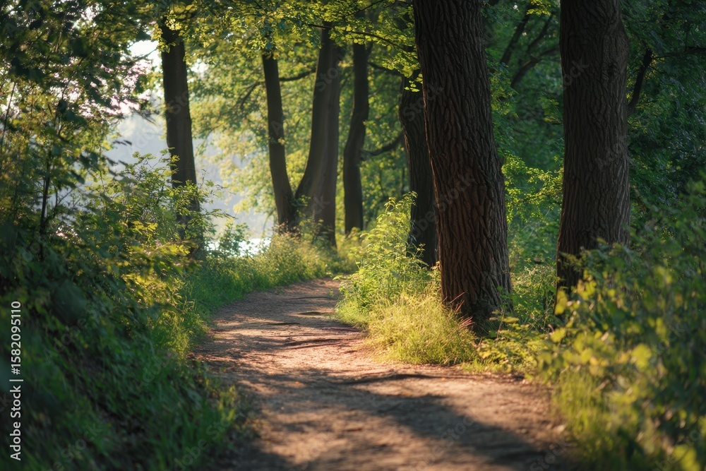 Fototapeta premium A Serene Forest Path Bathed in Golden Sunlight Invites a Peaceful Hike Through Lush Greenery and Tall Trees