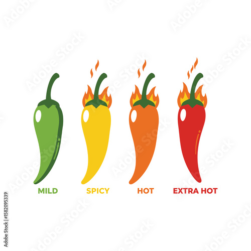 Chili Pepper Heat Level Scale, Spicy, Hot, Extra Hot, Mild Food Indicator