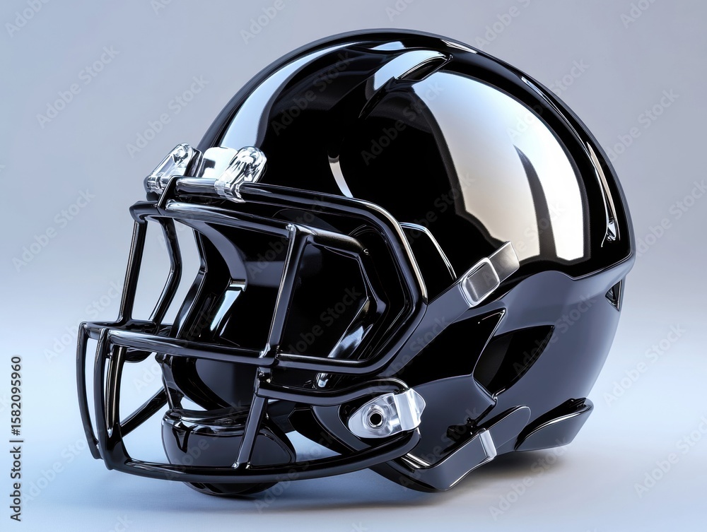 Fototapeta premium A sleek black football helmet showcases a modern design, featuring a faceguard and shiny surface. The helmet rests against a smooth, light-colored background, emphasizing its sleek contours.