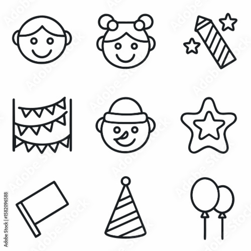 Party, celebration and event planning editable stroke outline icons set isolated on white background flat vector illustration. 