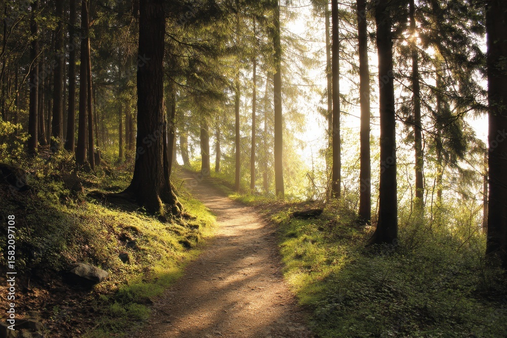 Naklejka premium Sunlight Filters Through Tall Trees Illuminating a Winding Forest Trail Inviting a Peaceful Hike and Nature Exploration Adventure