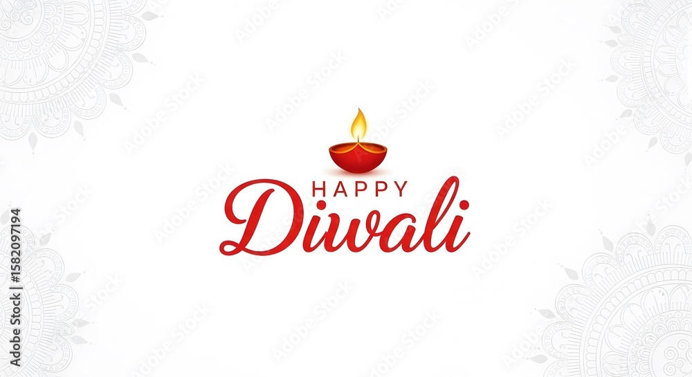 Naklejka premium Happy diwali greeting with a glowing diya lamp on a white background, symbolizing light and prosperity during the festival of lights