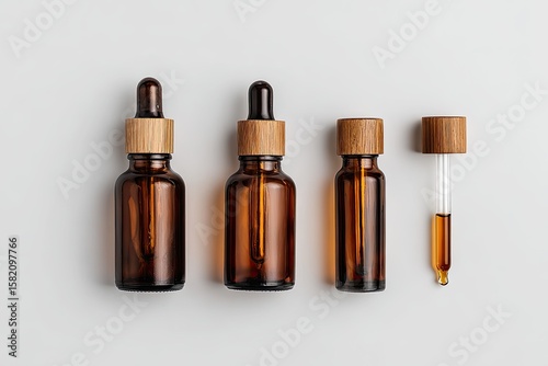 Three amber glass bottles with wooden dropper tops, one empty, one with a separate dropper, and one full, arranged on a light grey background