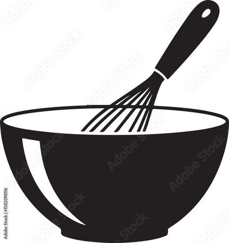 Black silhouette of a whisk mixing ingredients in a bowl on a white background