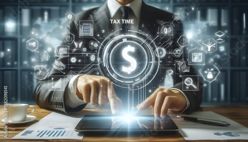 Business person interacting with digital tax time interface using tablet in futuristic office environment with finance and time management icons.