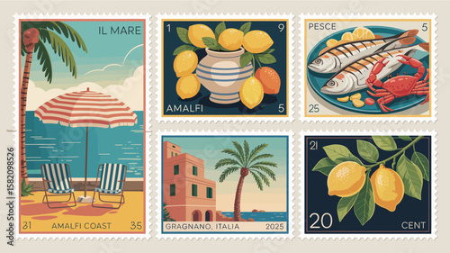 The image features a set of postage stamp-style illustrations with an Amalfi, Italy theme. They depict a beach scene with an umbrella and chairs ("Il Mare"), a vase with flowers ("Amalfi"), fish