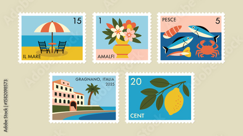 6 Amalfi, Italy-themed stamps: beach with umbrella/chairs ("Il Mare"), vase with flowers ("Amalfi"), fish ("Pesce"), coastal building with palm ("Gragnano Italia 2025"), seaside, and lemon branch