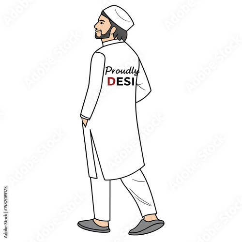 South Asian Man Walking in Traditional White Kurta Pajama: Illustration of Desi Fashion and Culture