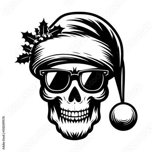 Christmas halloween skull with sunglasses black and white vector & illustration.