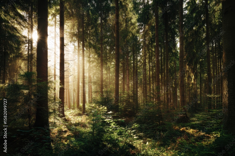 Fototapeta premium Sunlight streams through tall pine trees in a dense forest creating a magical atmosphere with dappled light on the forest floor