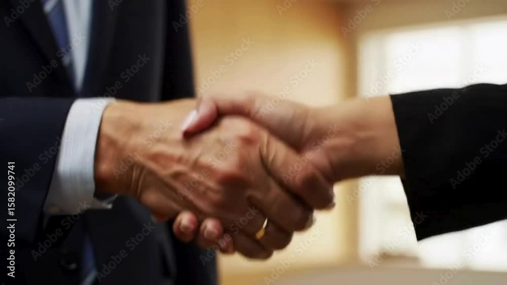 Business people in suits shake hands in an office, symbolizing a successful partnership and agreement