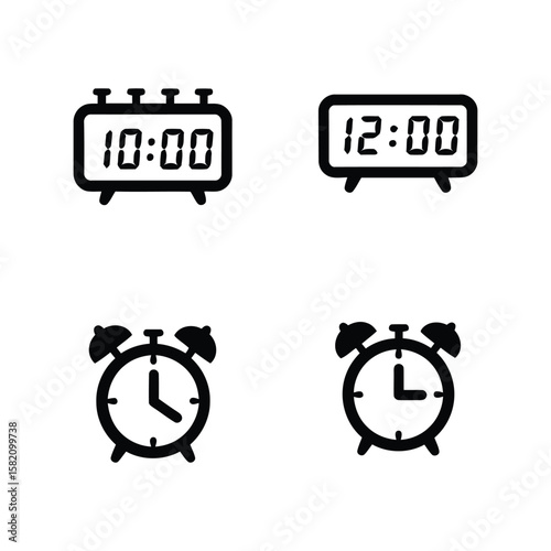 Digital and analog clock icons vector set, precise time display and alarm symbols