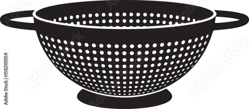 Black silhouette of a colander with handles and a stand on a white background