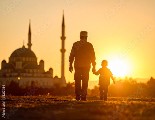 silhouette of father and son walking against the backdrop of the mosque and evening light