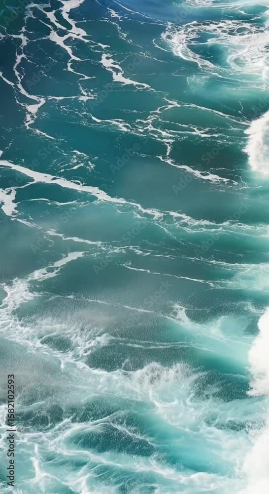 Aerial View Of Turquoise Ocean Waves With White Foamy Swirls Crashing On The Shore