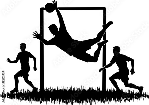 football player silhouette with goalpost, silhouette, vector, illustration, people, woman, jump, sport, fun, grunge, drawing, black, men, tree, art, action, boy, jumping, dance, design