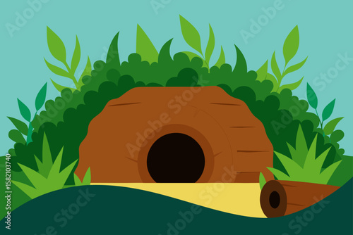 hollow log tunnel hidden in undergrowth